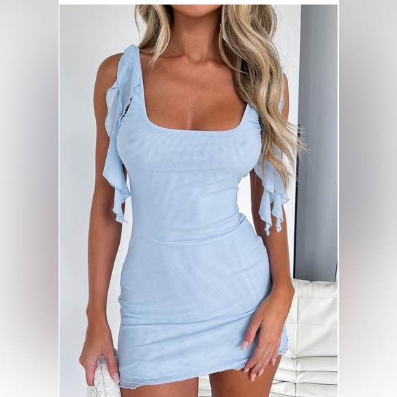 Ekaliy Women👱🏽‍♀️Blue Bodycon Sleeveless Mesh Sexy Club Mini Dress👗Sz 2XL - Picture 9 of 10
